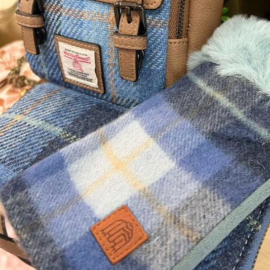 Islander UK Lambswool Fingerless Mittens in Blue Tartan
