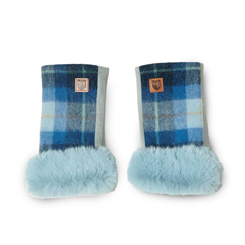 Islander UK Lambswool Fingerless Mittens in Blue Tartan