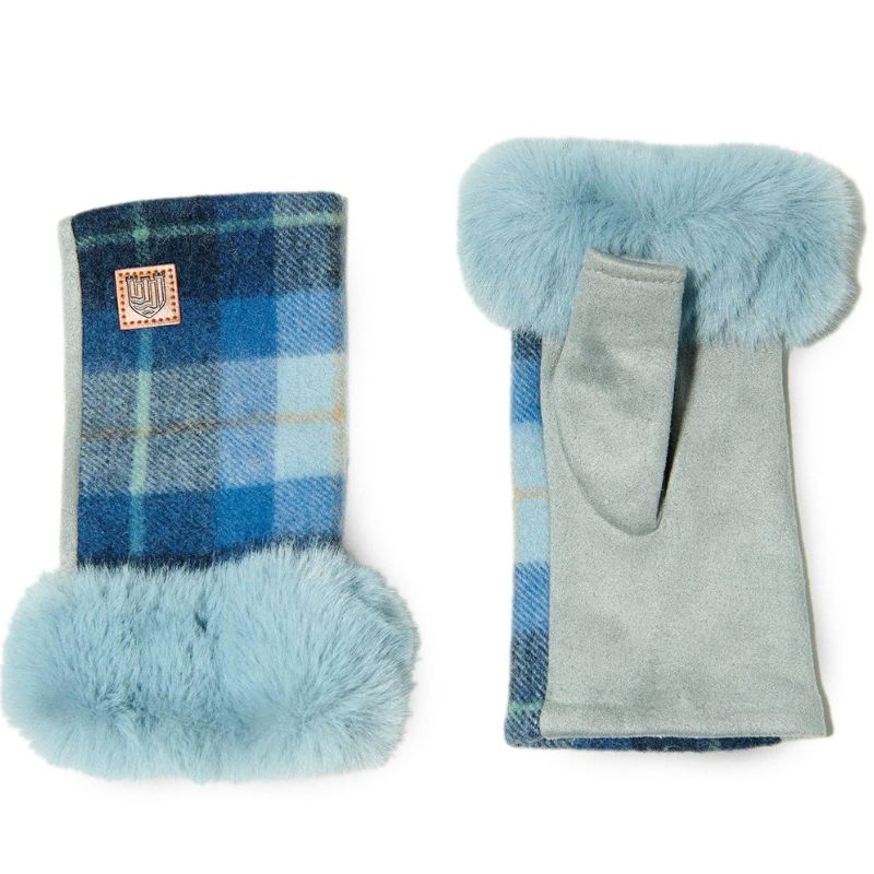 Islander UK Lambswool Fingerless Mittens in Blue Tartan