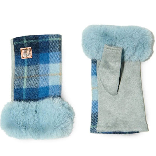 Islander UK Lambswool Fingerless Mittens in Blue Tartan