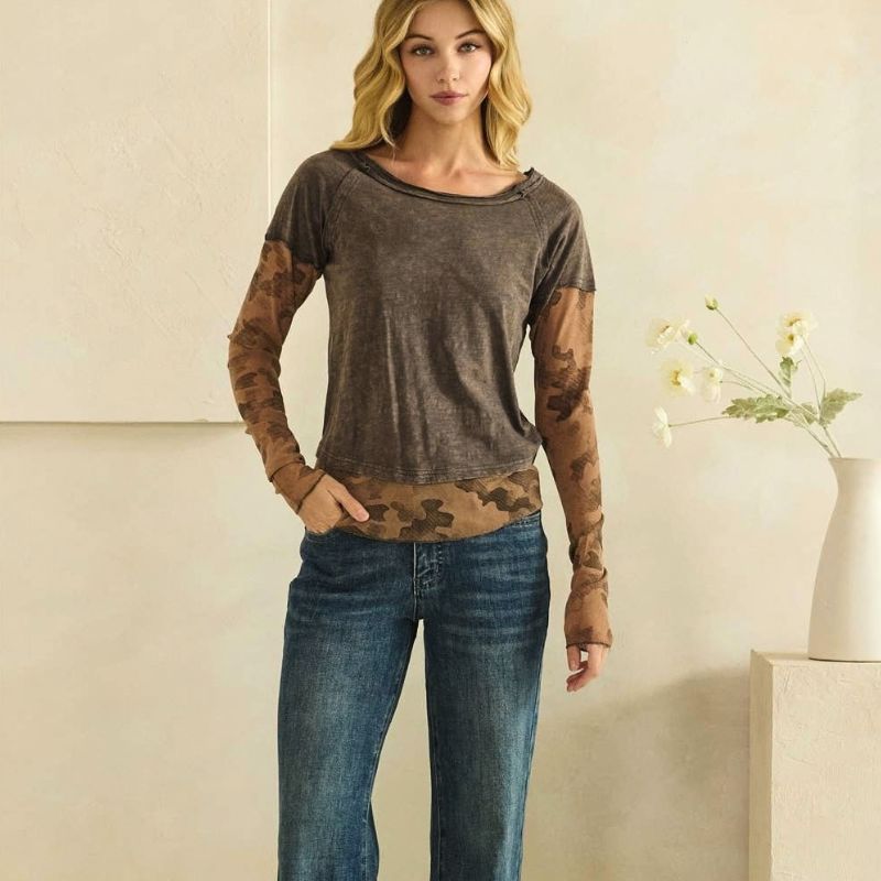 Earth Umber and Camo Print Mineral Washed Layered Tee