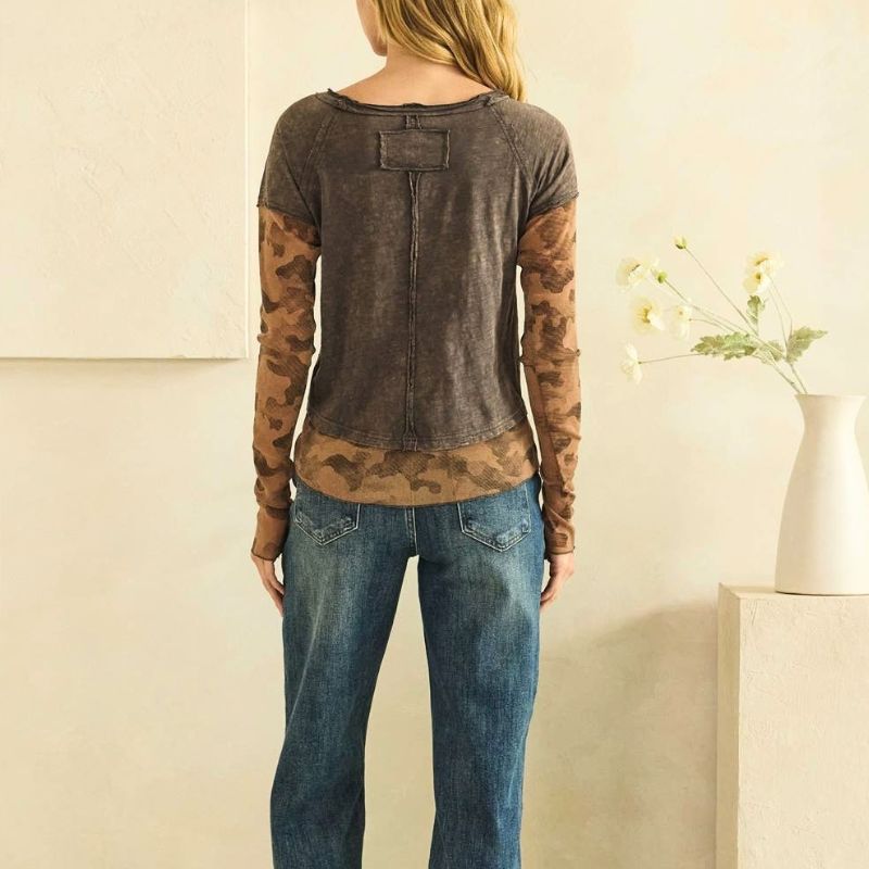 Earth Umber and Camo Print Mineral Washed Layered Tee
