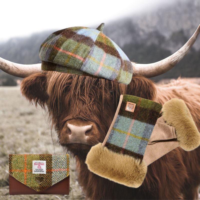 Islander UK Lambswool Fingerless Mittens in Chestnut Blue Tartan