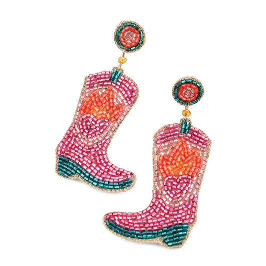 My Doris Pretty Pink Beaded Cowgirl Boot Earrings