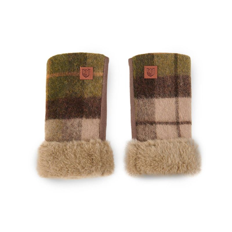 islander UK Lambswool Fingerless Mittens in Earth Tartan