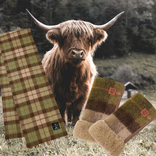 islander UK Lambswool Fingerless Mittens in Earth Tartan
