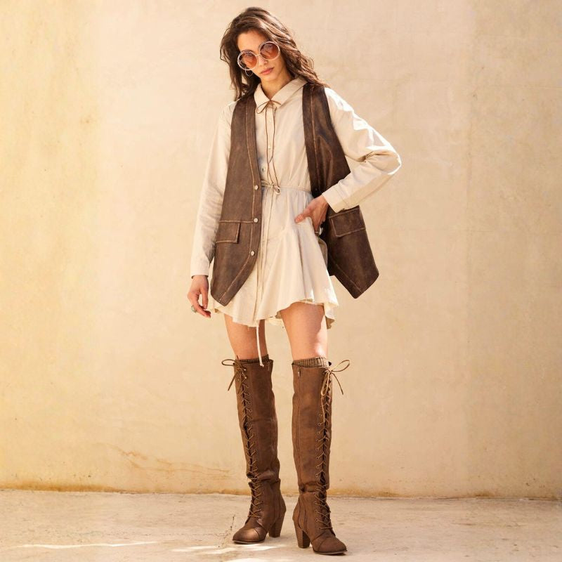 Snap-Front Vest in Espresso Faux Leather