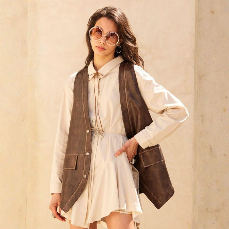 Snap-Front Vest in Espresso Faux Leather