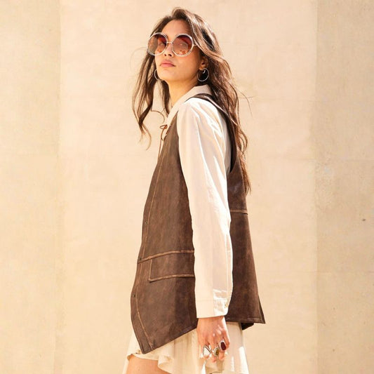 Snap-Front Vest in Espresso Faux Leather