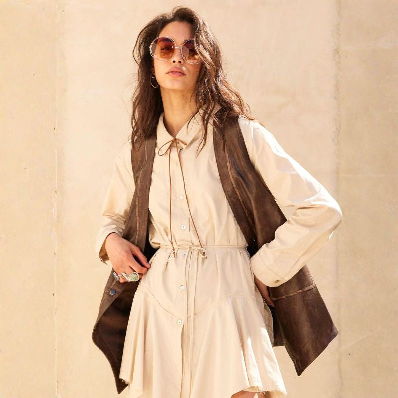 Snap-Front Vest in Espresso Faux Leather