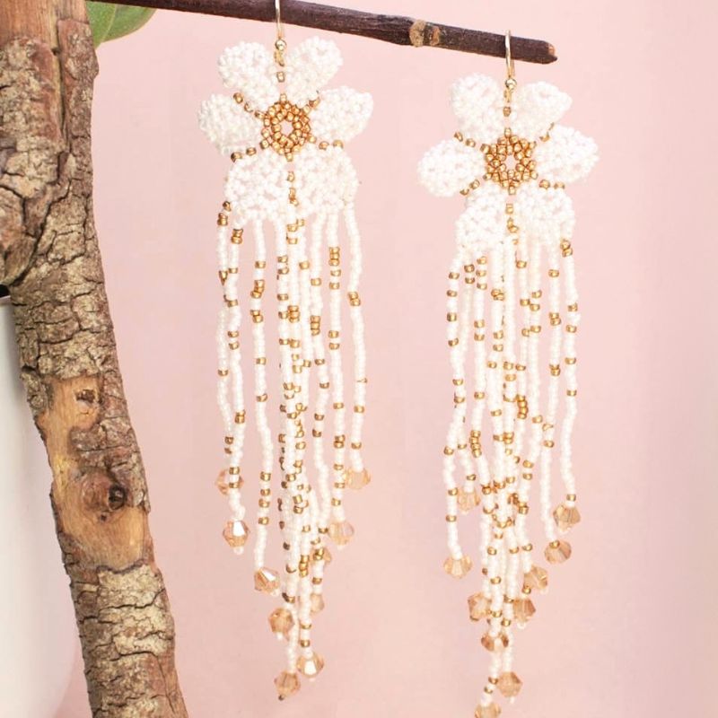 Floral Falls White Bead Flower Fringe Earrings