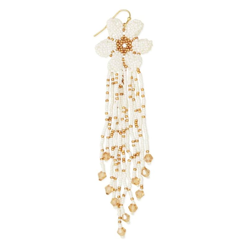 Floral Falls White Bead Flower Fringe Earrings
