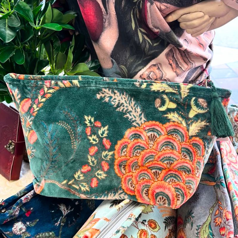 Plush Velvet Exotic Floral Beauty Bag in Deep Forest