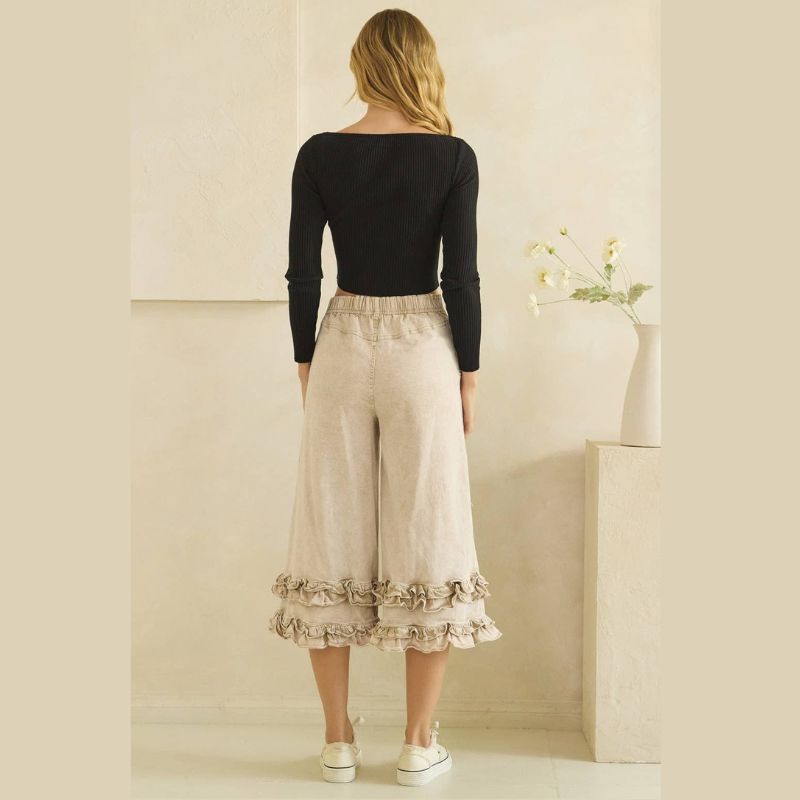 Ruffle Hem Wide Leg Pants in Sand