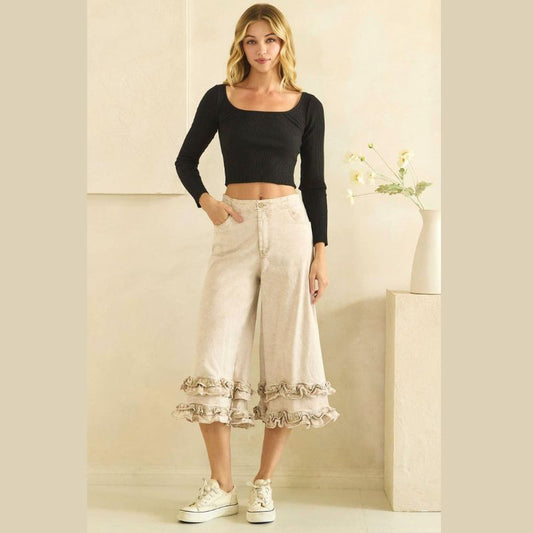 Ruffle Hem Wide Leg Pants in Sand