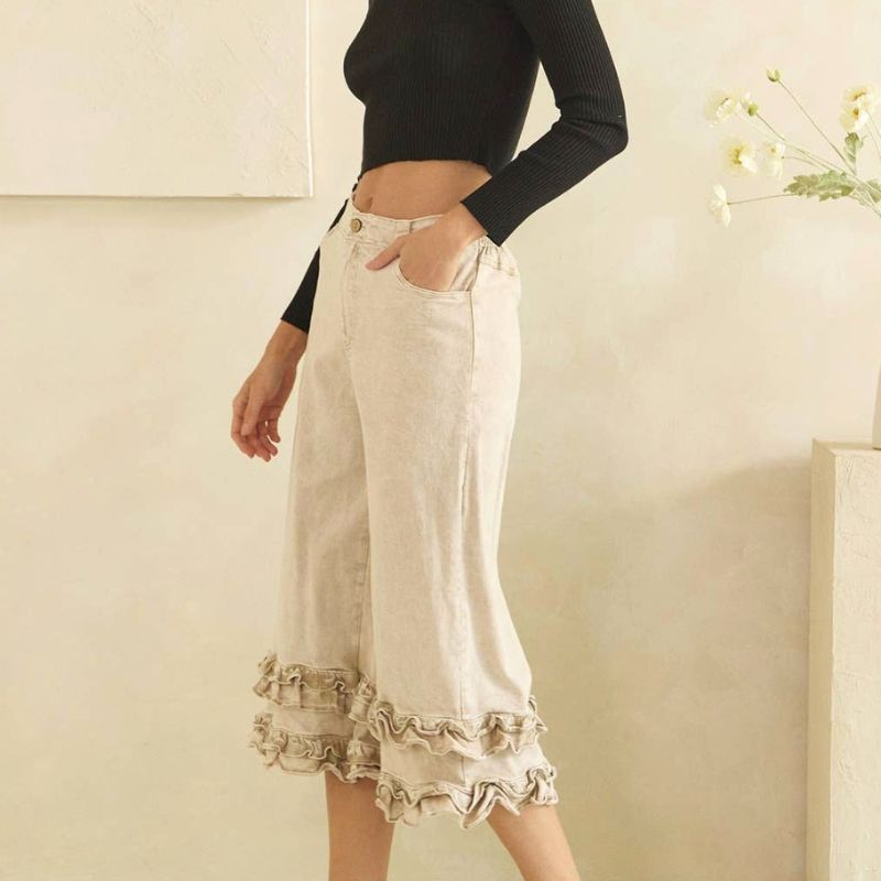 Ruffle Hem Wide Leg Pants in Sand