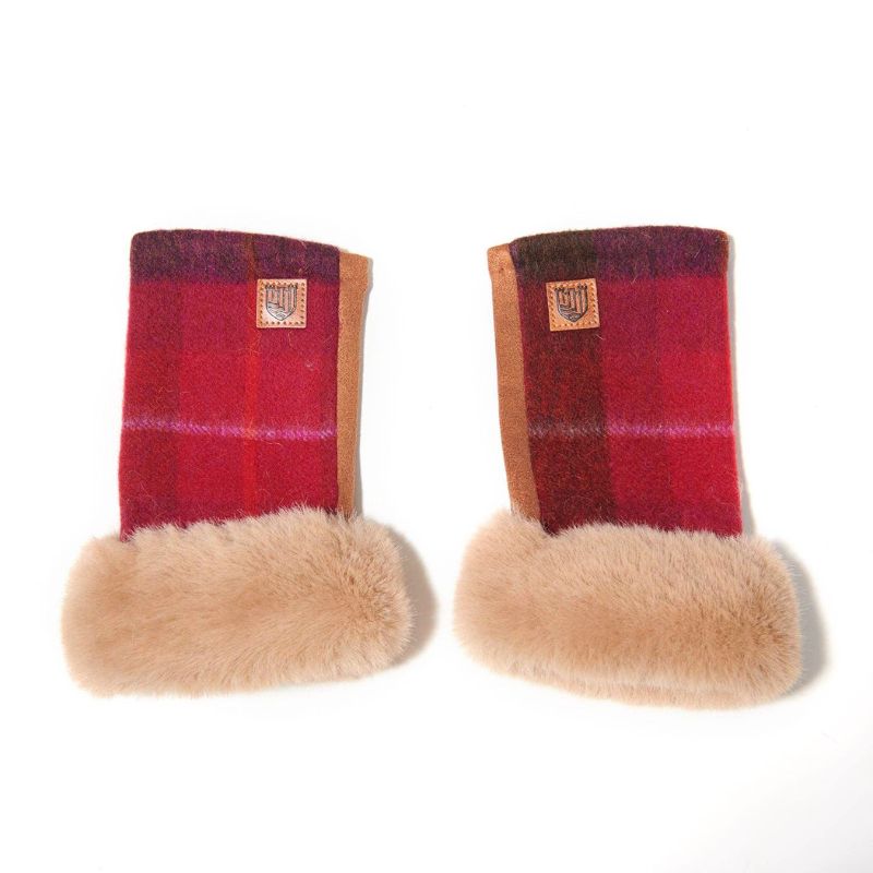 Islander UK Lambswool Fingerless Mittens in Fuchsia Tartan
