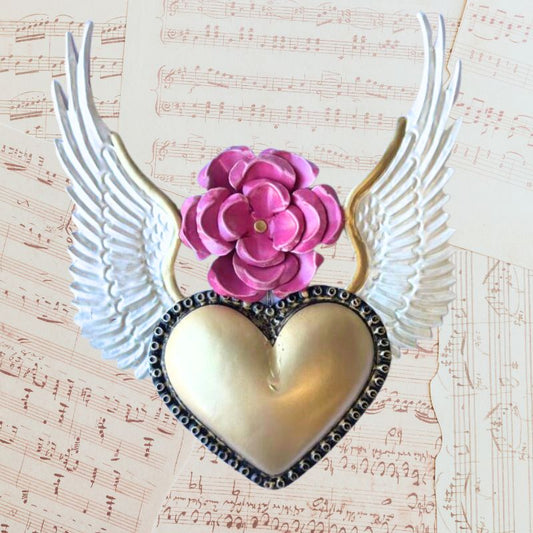 Vintage Style Gold Heart with Ruby Rose and Wings