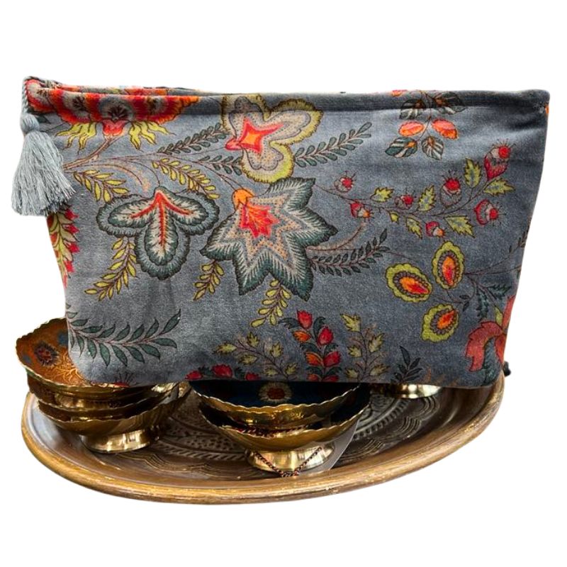 Plush Velvet Exotic Floral Beauty Bag in Grey