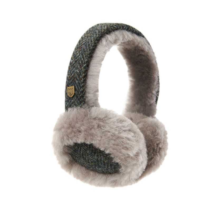 Sheepskin Earmuffs - Black and Grey Herringbone