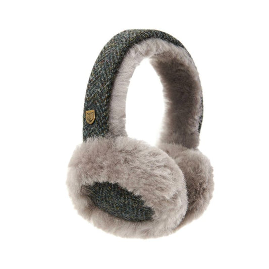 Sheepskin Earmuffs - Black and Grey Herringbone