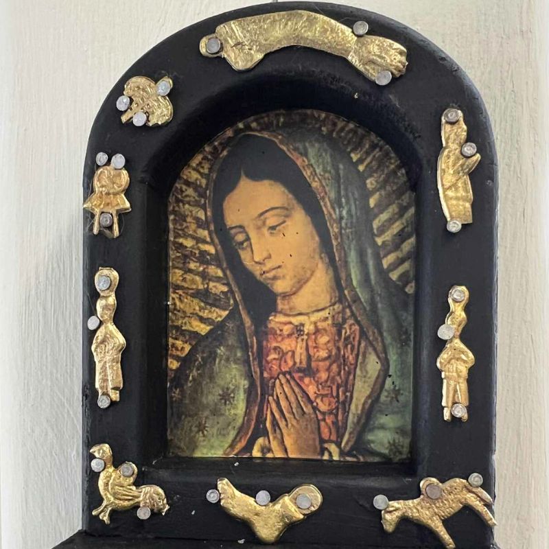 Painted Rustic Wall Sconce with Our Lady of Guadalupe and Milagros