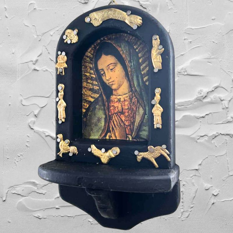 Painted Rustic Wall Sconce with Our Lady of Guadalupe and Milagros