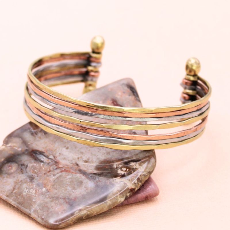 Hammered Silver, Copper and Gold Metal Cuff Bracelet