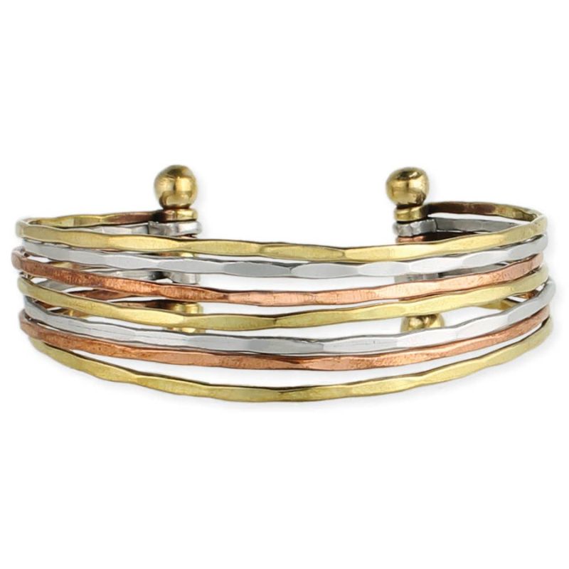 Hammered Silver, Copper and Gold Metal Cuff Bracelet