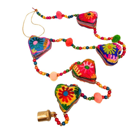 Colourful Embroidered Strand of Hearts, Beads and Bell