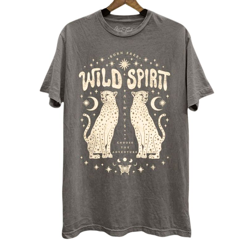 Wild Spirit Leopards Mineral Wash Tee in Stone Grey