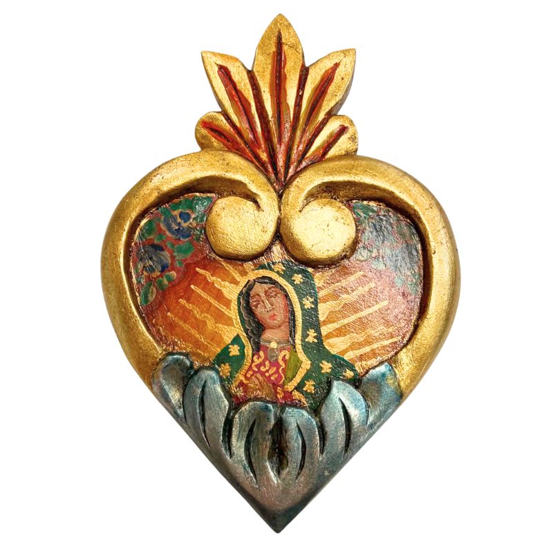 Hand Painted Guadalupe Timber Heart