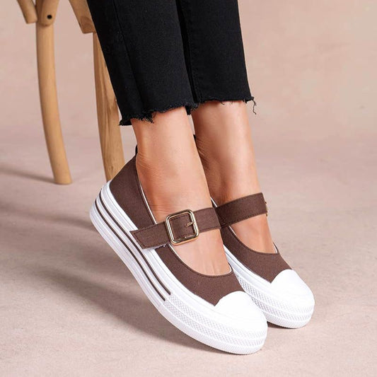 Mary Jane Platform Sneaker with Gold Metallic Buckle in Chocolate