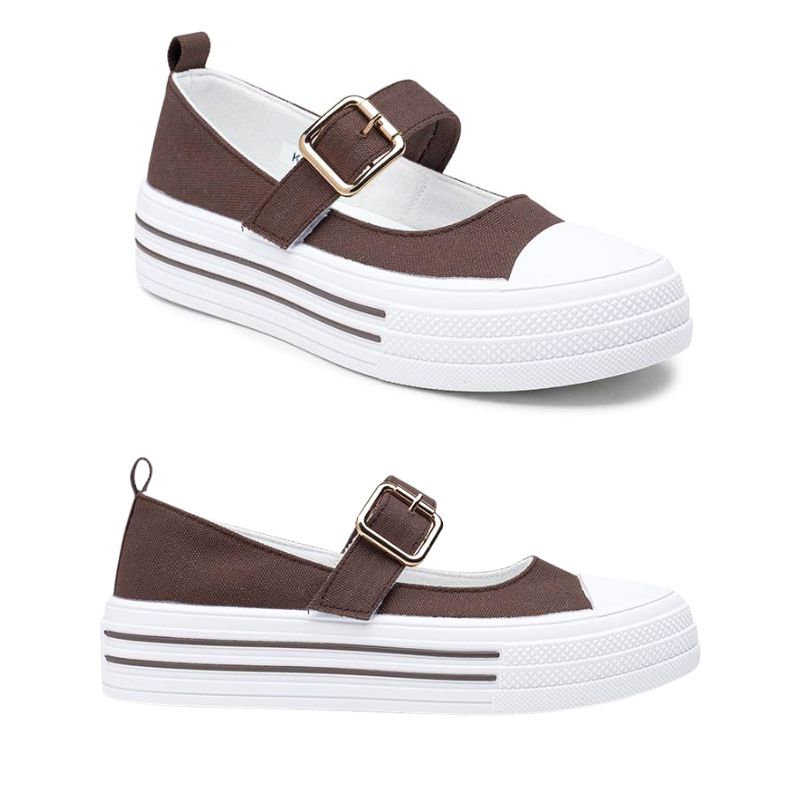 Mary Jane Platform Sneaker with Gold Metallic Buckle in Chocolate