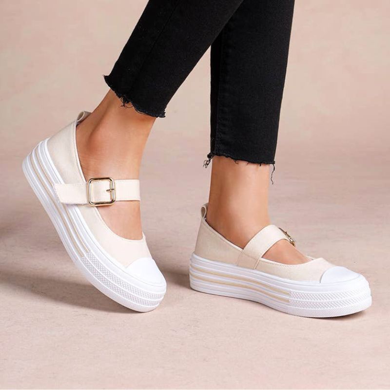 Mary Jane Platform Sneaker with Gold Metallic Buckle in Light Beige