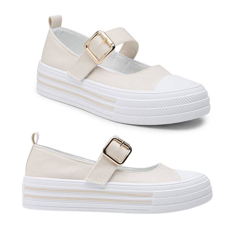 Mary Jane Platform Sneaker with Gold Metallic Buckle in Light Beige