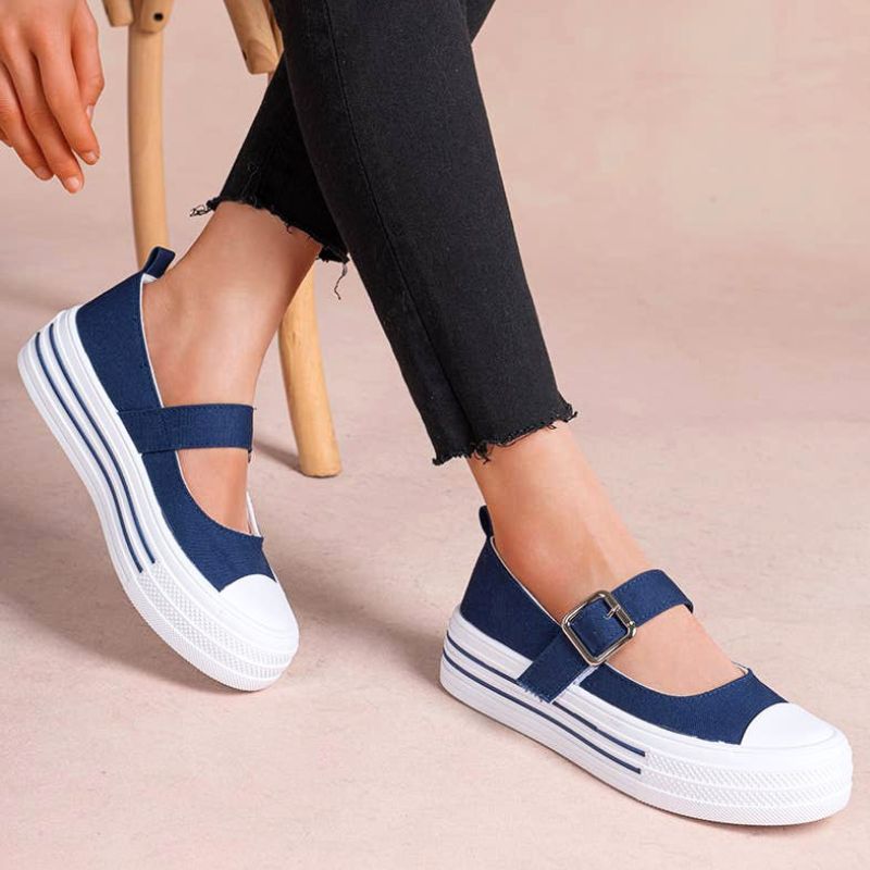 Mary Jane Platform Sneaker with Silver Metallic Buckle in Navy