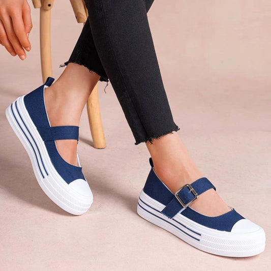 Mary Jane Platform Sneaker with Silver Metallic Buckle in Navy