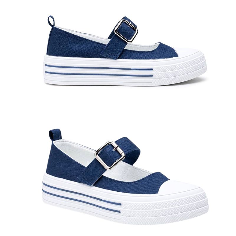 Mary Jane Platform Sneaker with Silver Metallic Buckle in Navy