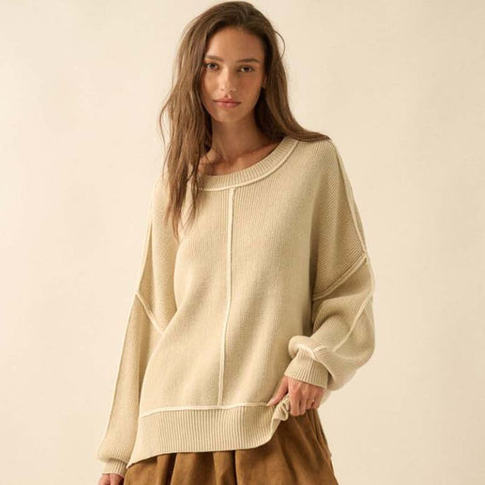 Ribbed Knit Exposed Seam Oversized Sweater in Oatmeal