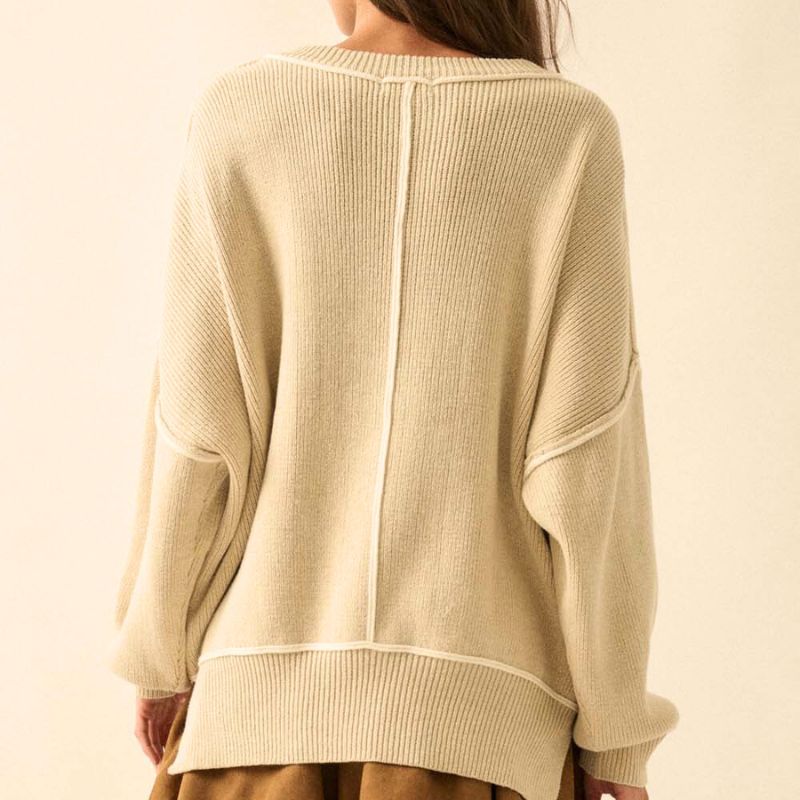 Ribbed Knit Exposed Seam Oversized Sweater in Oatmeal