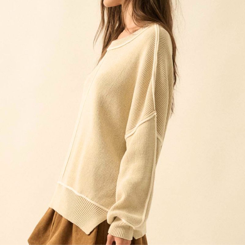 Ribbed Knit Exposed Seam Oversized Sweater in Oatmeal