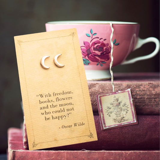 Literary Quote Crescent Moon Post Earrings