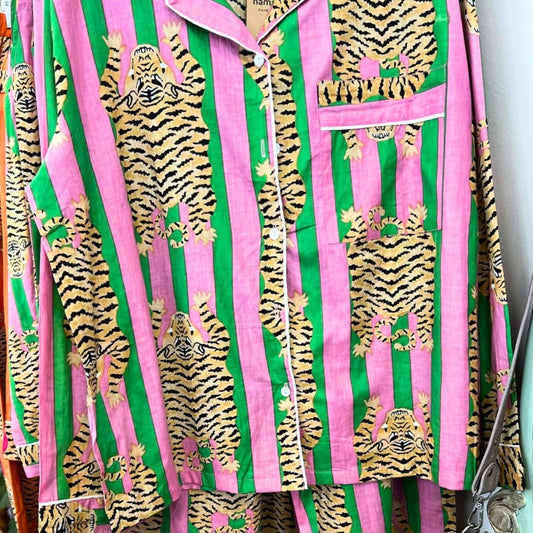 Stay Wild Tiger Stripe Pyjama Set - Pink and Green Stripe