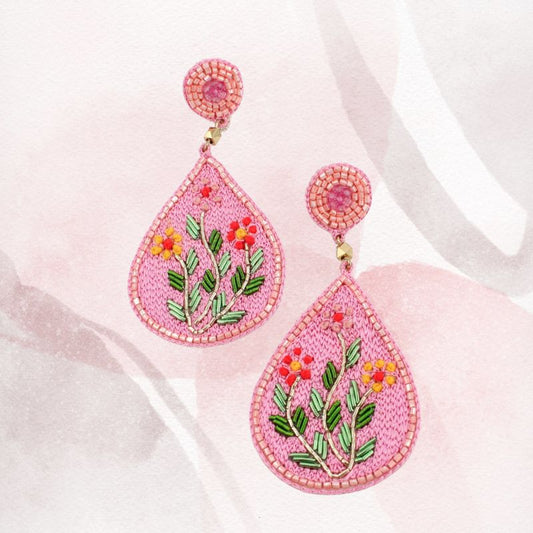 My Doris Beaded Folk Floral Earrings in Pink