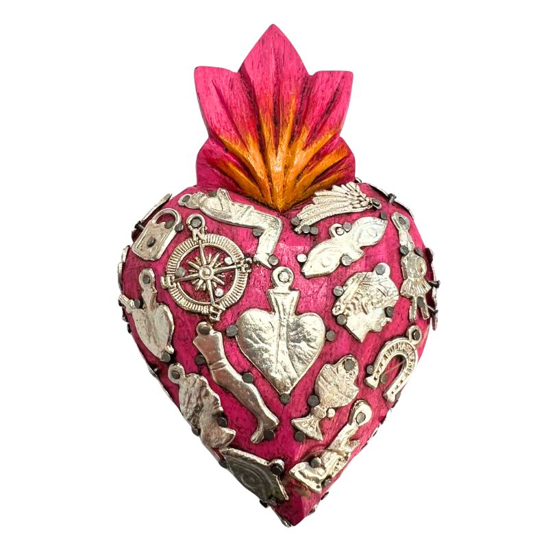 Pink Timber Heart with Milagros