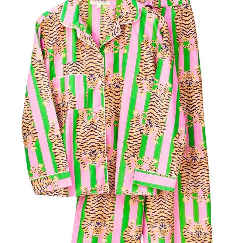 Stay Wild Tiger Stripe Pyjama Set - Pink and Green Stripe
