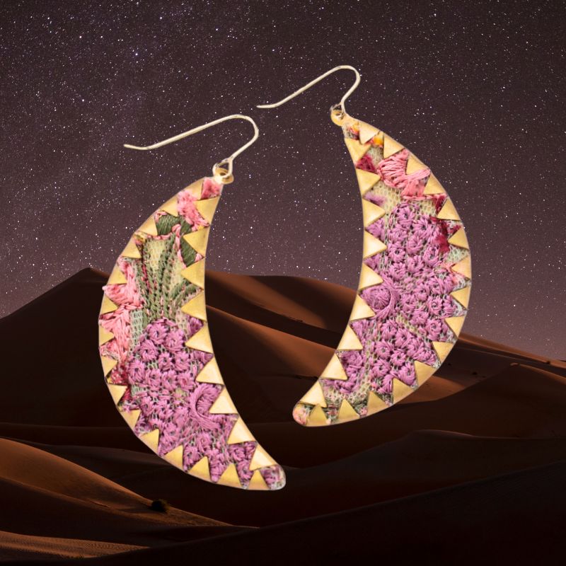 Embroidered Purple Moon Earrings