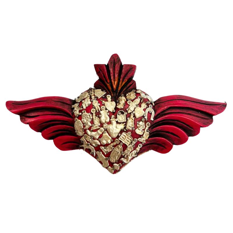 Ruby Red Timber Heart with Wings and Silver Milagros