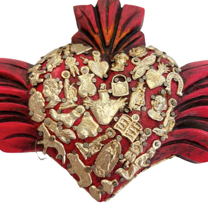 Ruby Red Timber Heart with Wings and Silver Milagros